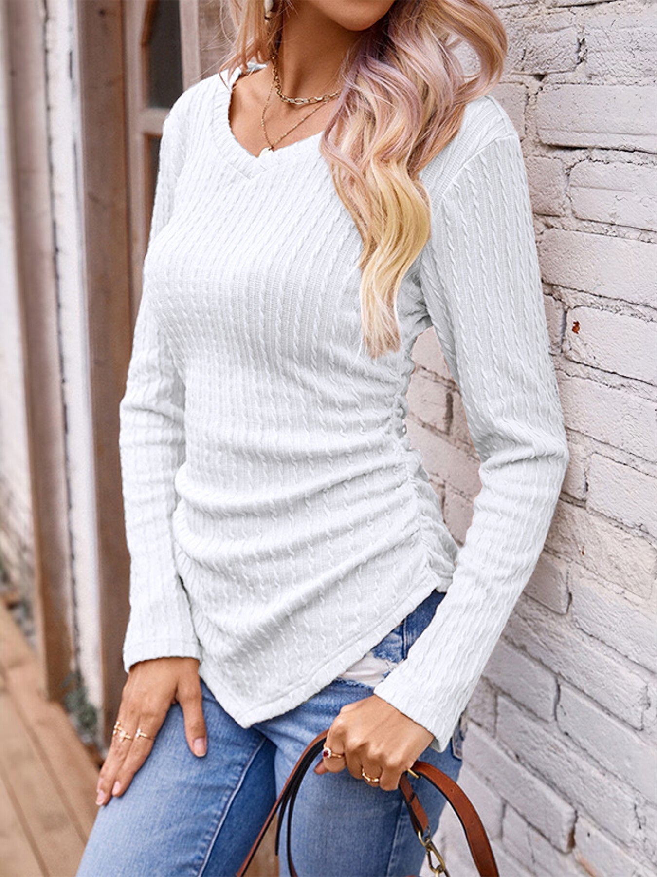 Full Size Ruched V - Neck Long Sleeve T-Shirt - Mervyns