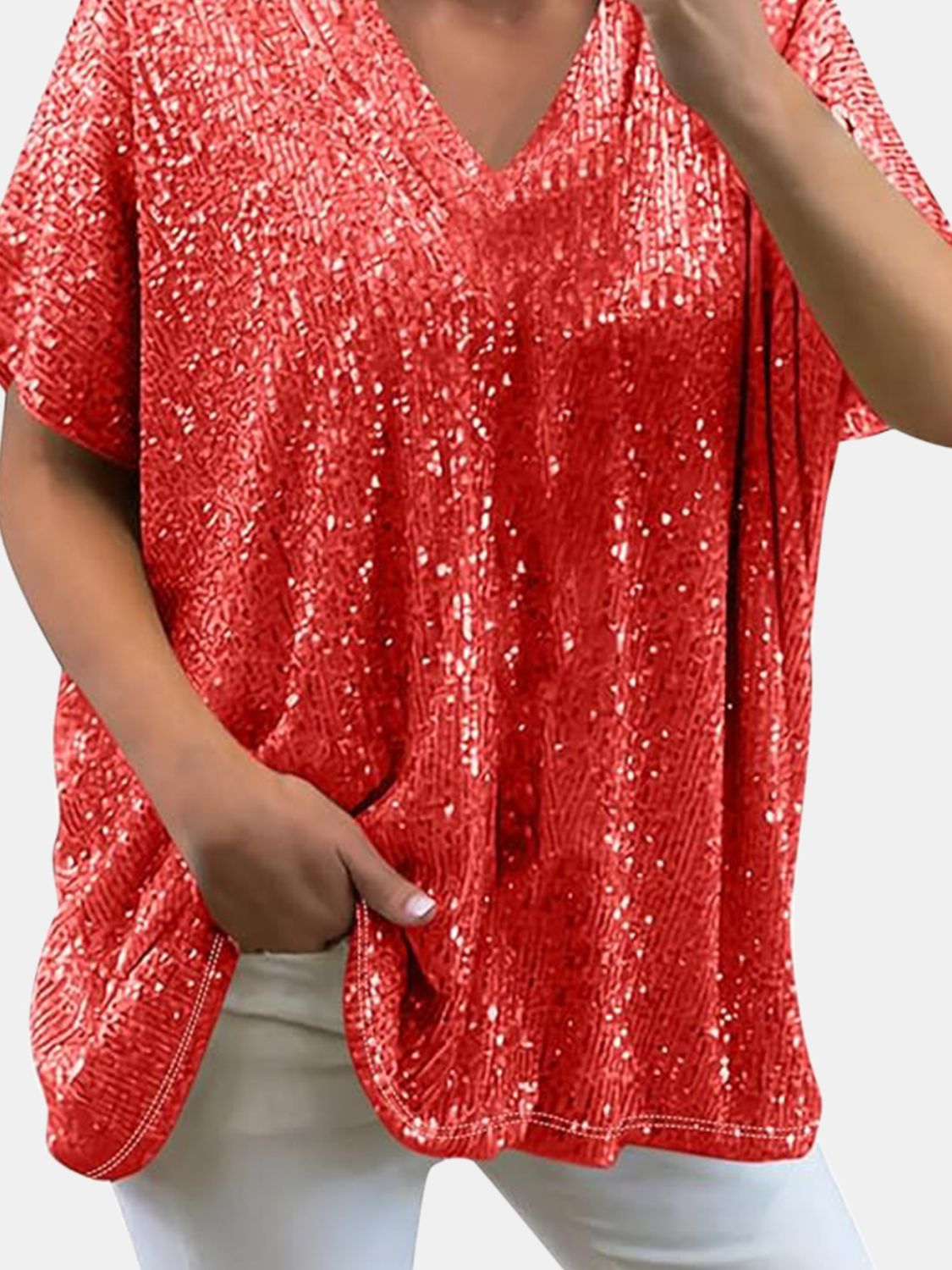 Full Size Sequin V - Neck Short Sleeve Top - Mervyns