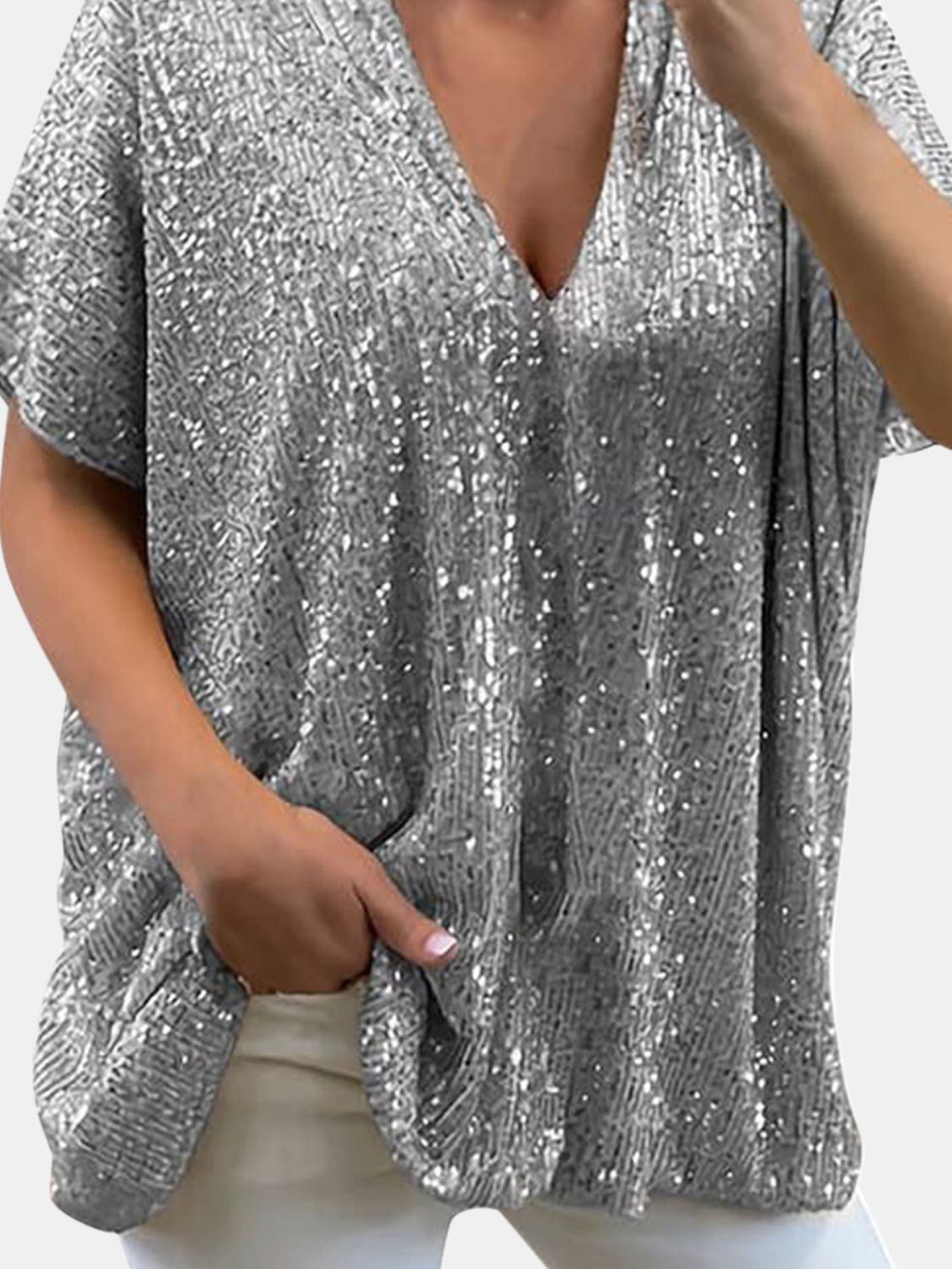 Full Size Sequin V - Neck Short Sleeve Top - Mervyns