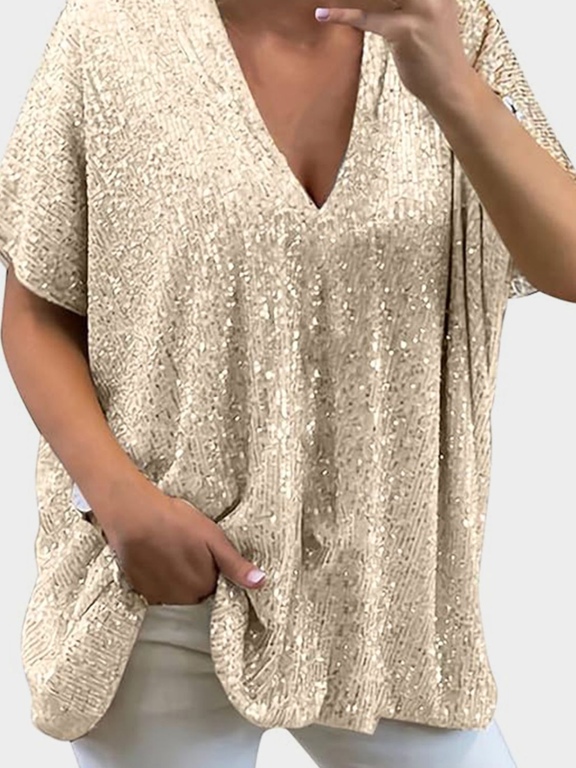 Full Size Sequin V - Neck Short Sleeve Top - Mervyns