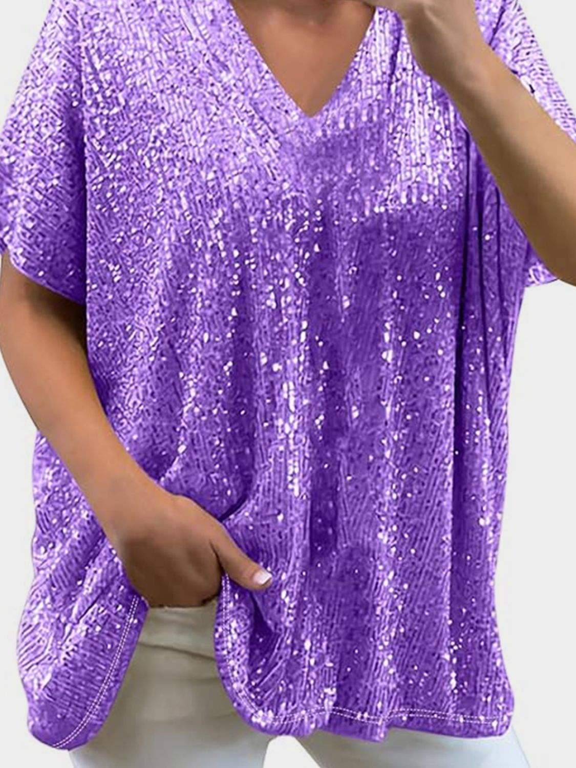 Full Size Sequin V - Neck Short Sleeve Top - Mervyns