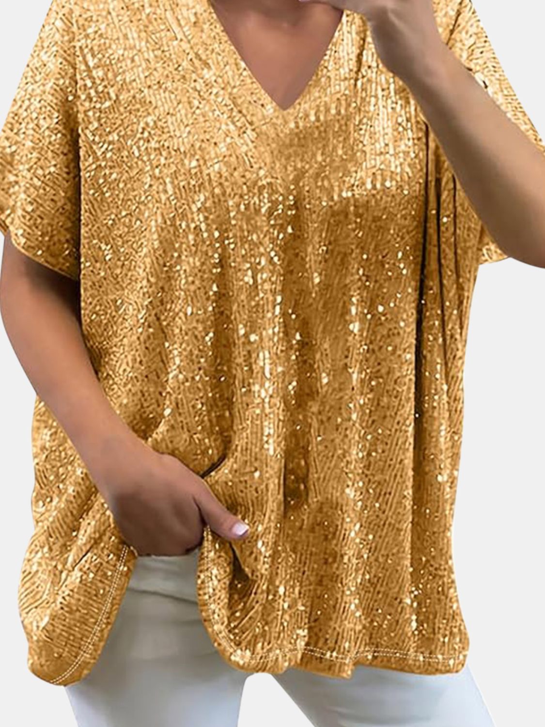 Full Size Sequin V - Neck Short Sleeve Top - Mervyns