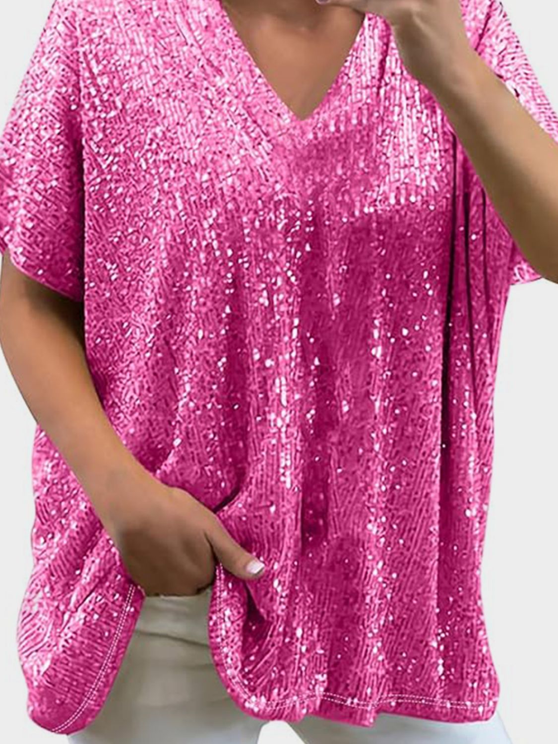 Full Size Sequin V - Neck Short Sleeve Top - Mervyns