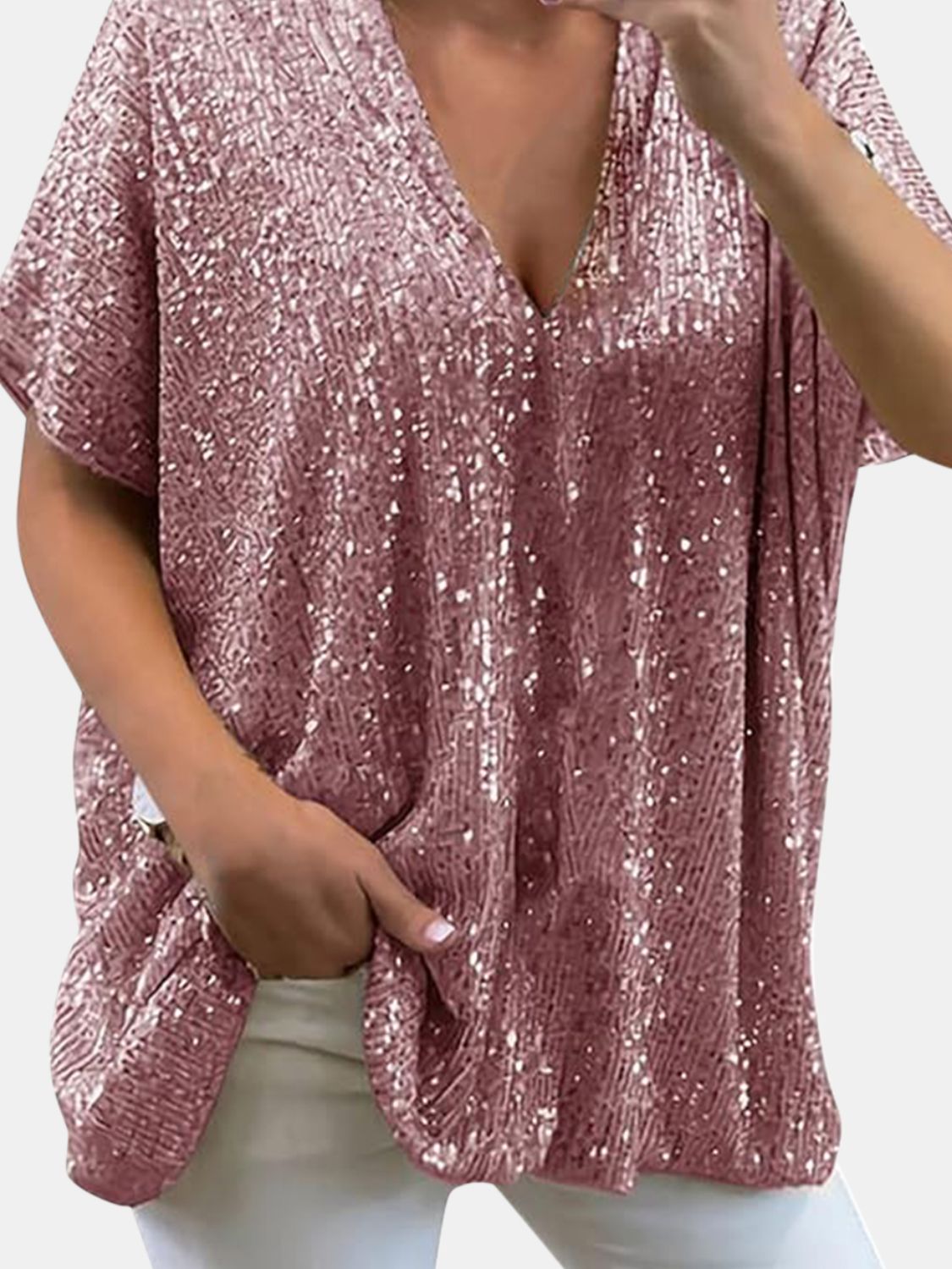 Full Size Sequin V - Neck Short Sleeve Top - Mervyns