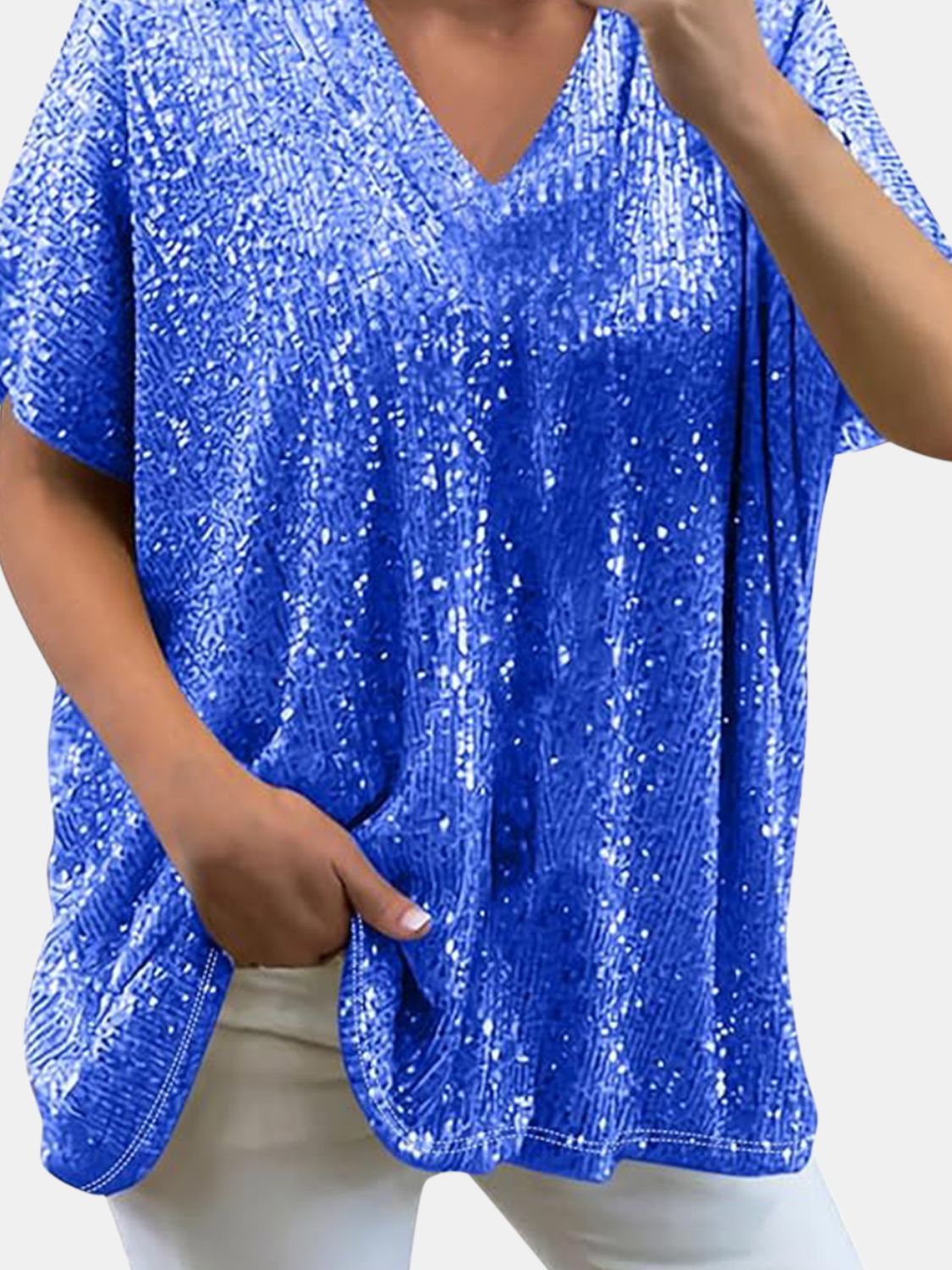 Full Size Sequin V - Neck Short Sleeve Top - Mervyns