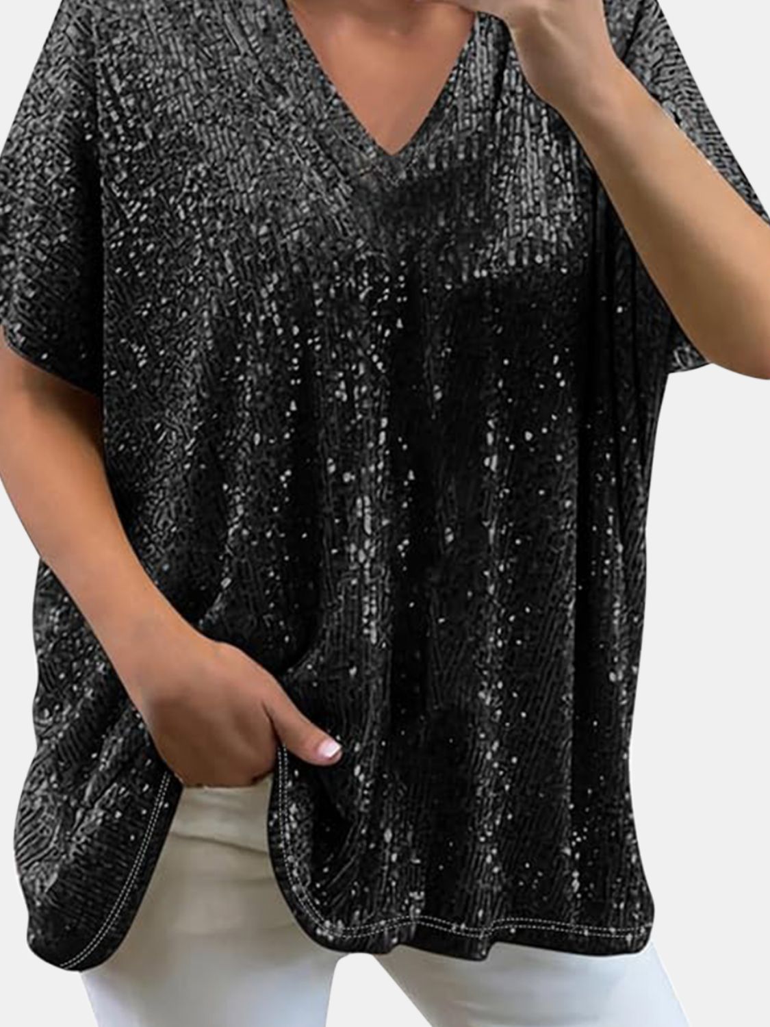 Full Size Sequin V - Neck Short Sleeve Top - Mervyns