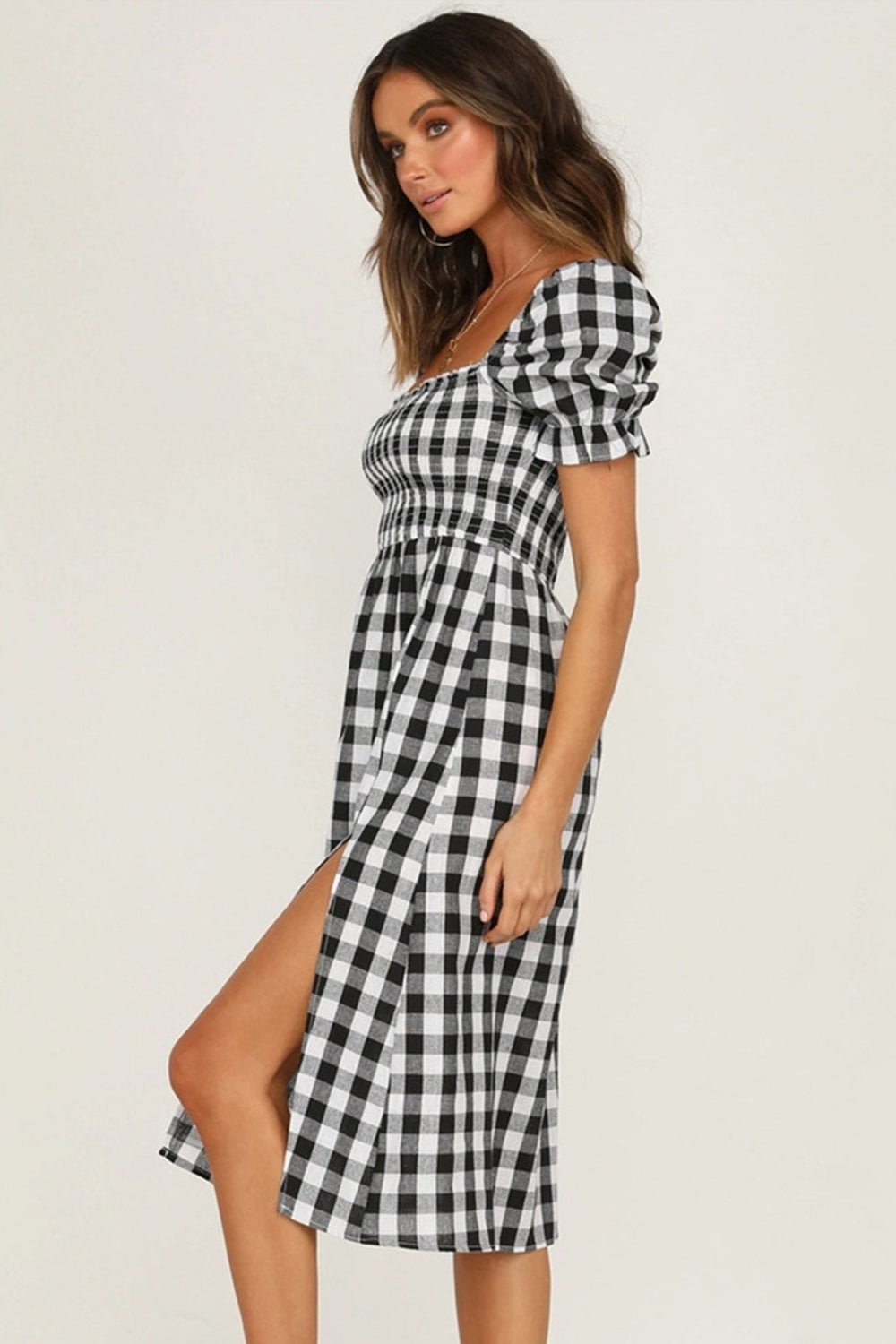 Full Size Slit Plaid Short Sleeve Midi Dress - Mervyns