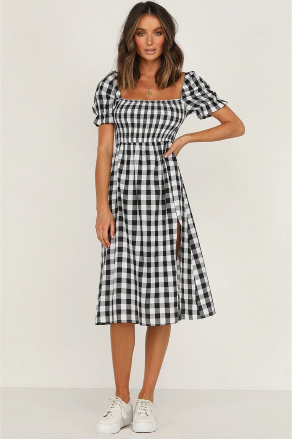 Full Size Slit Plaid Short Sleeve Midi Dress - Mervyns