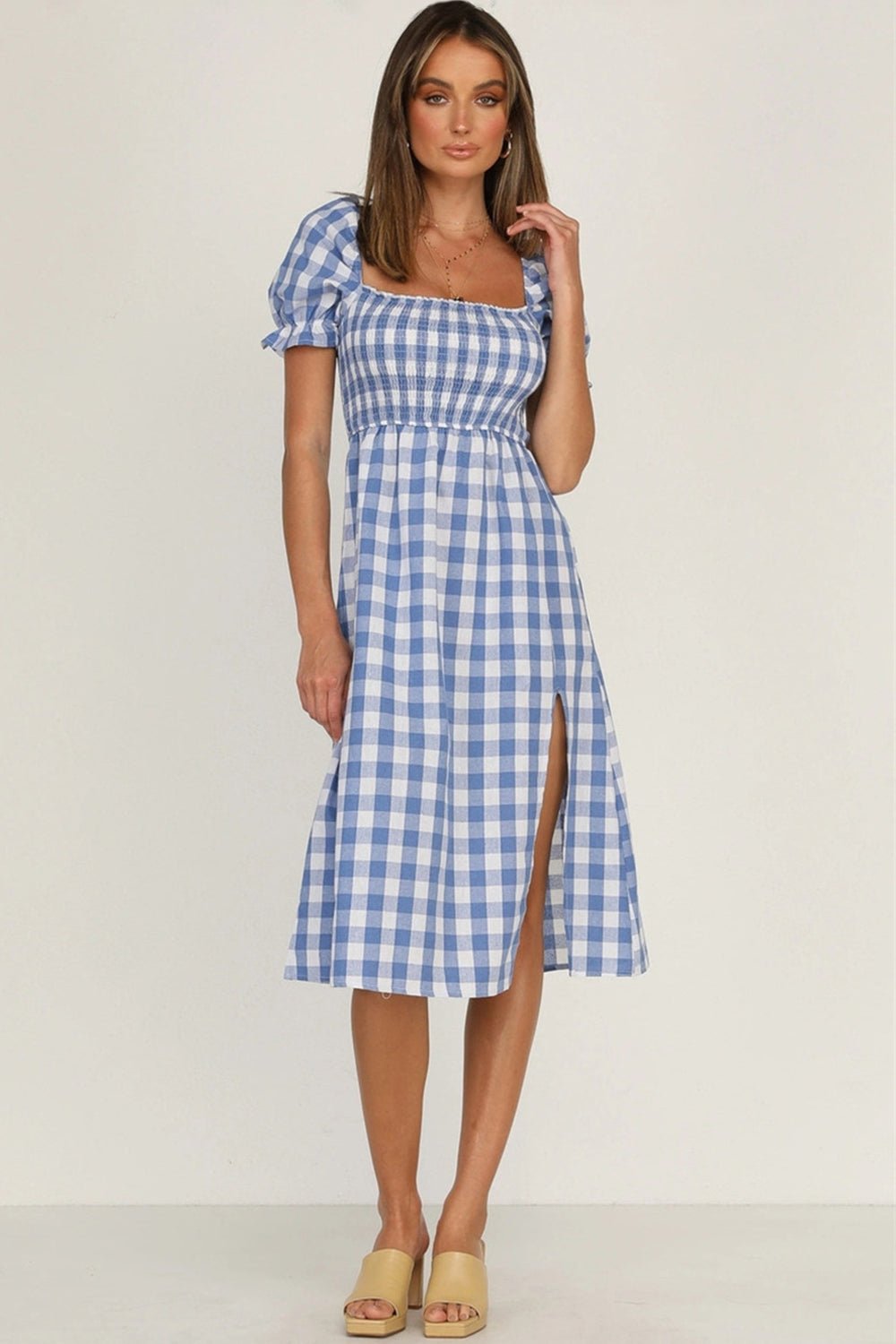 Full Size Slit Plaid Short Sleeve Midi Dress - Mervyns