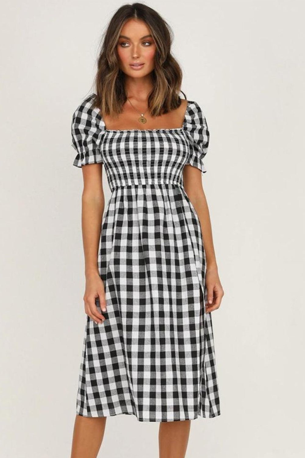 Full Size Slit Plaid Short Sleeve Midi Dress - Mervyns