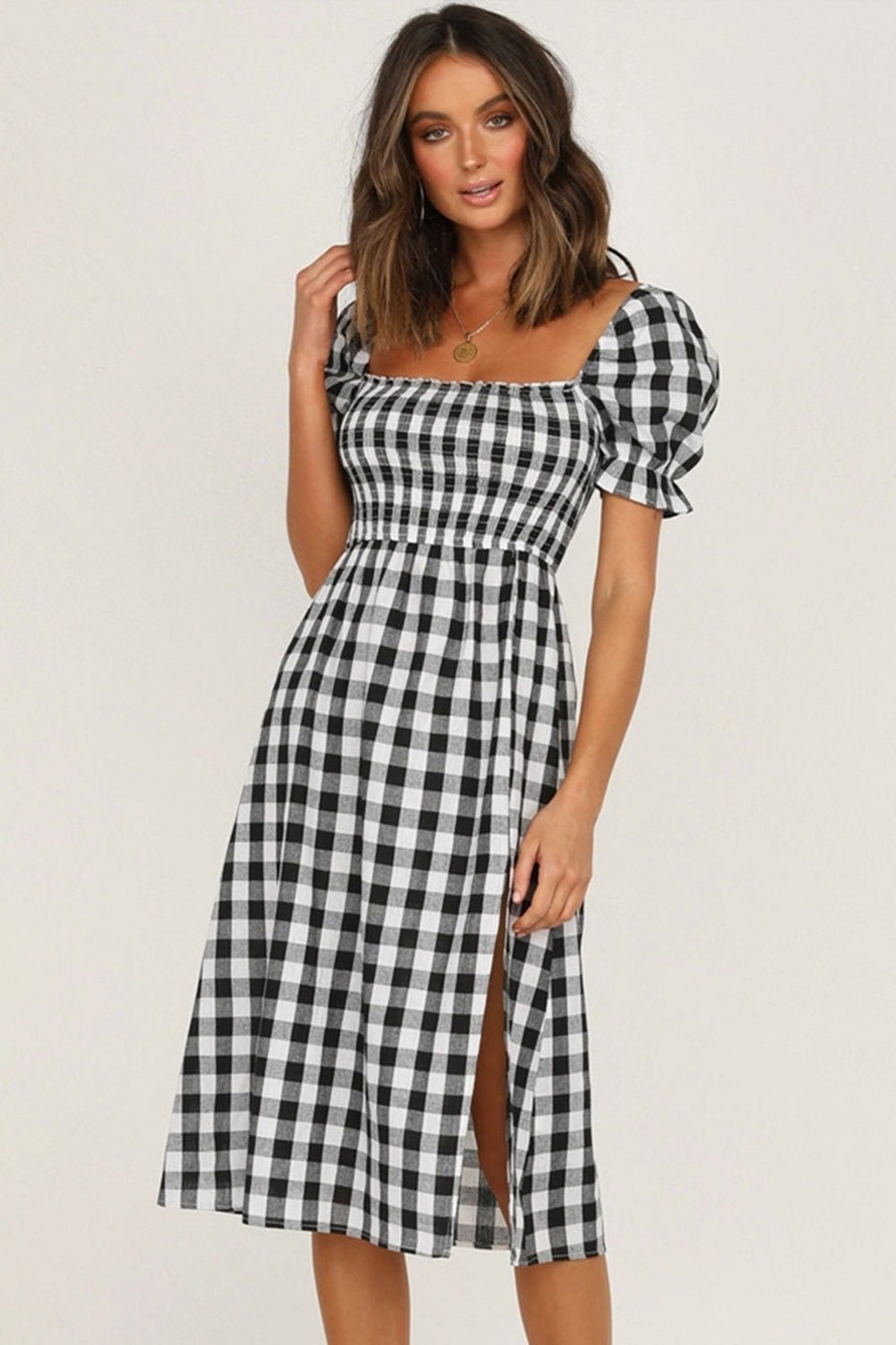 Full Size Slit Plaid Short Sleeve Midi Dress - Mervyns