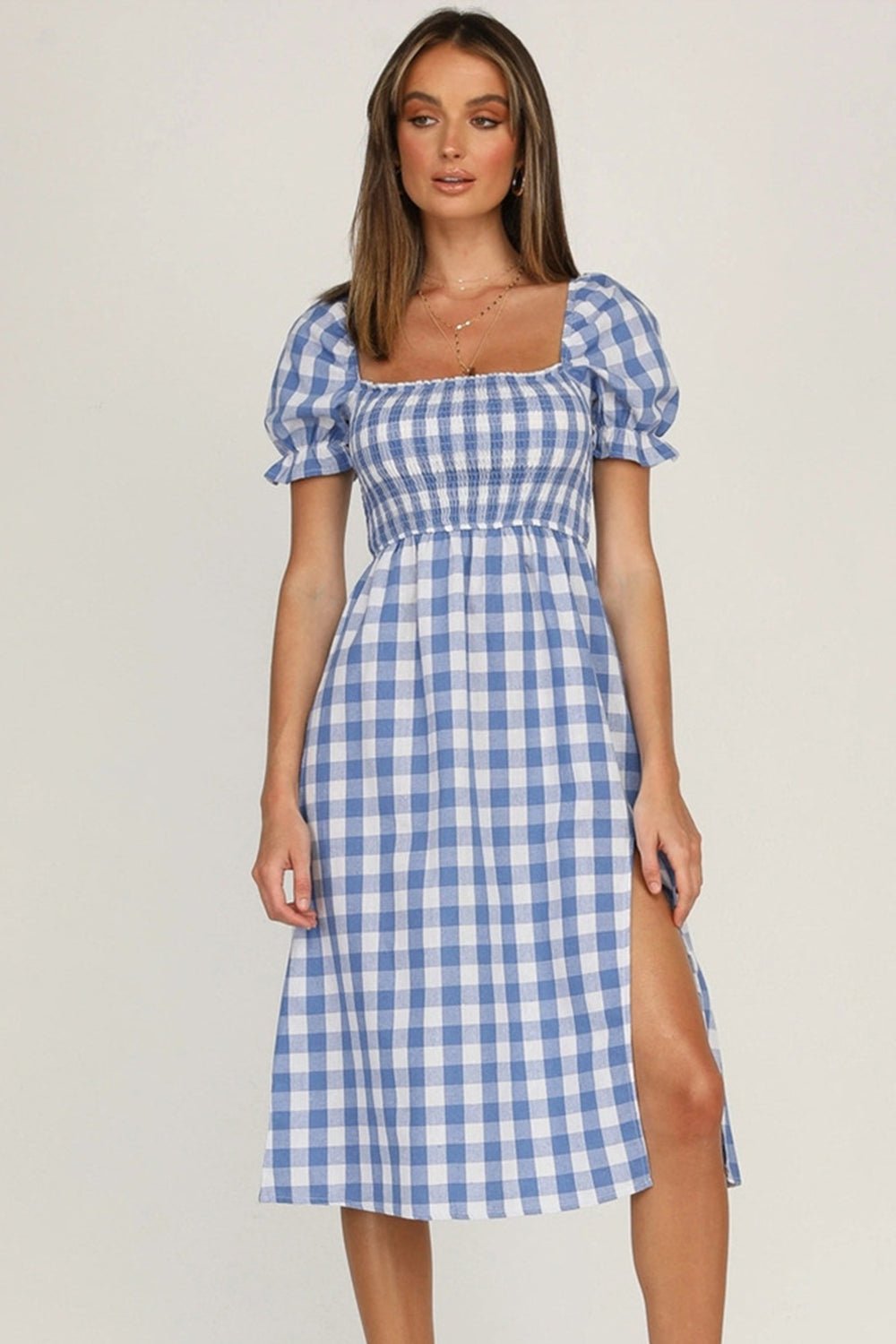 Full Size Slit Plaid Short Sleeve Midi Dress - Mervyns