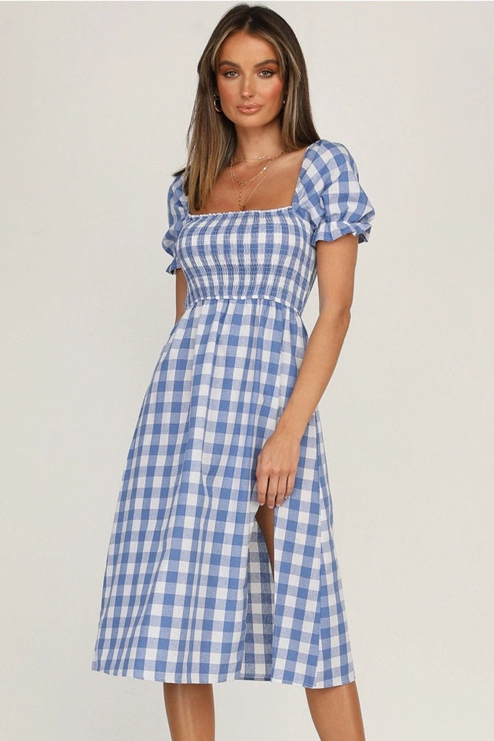 Full Size Slit Plaid Short Sleeve Midi Dress - Mervyns