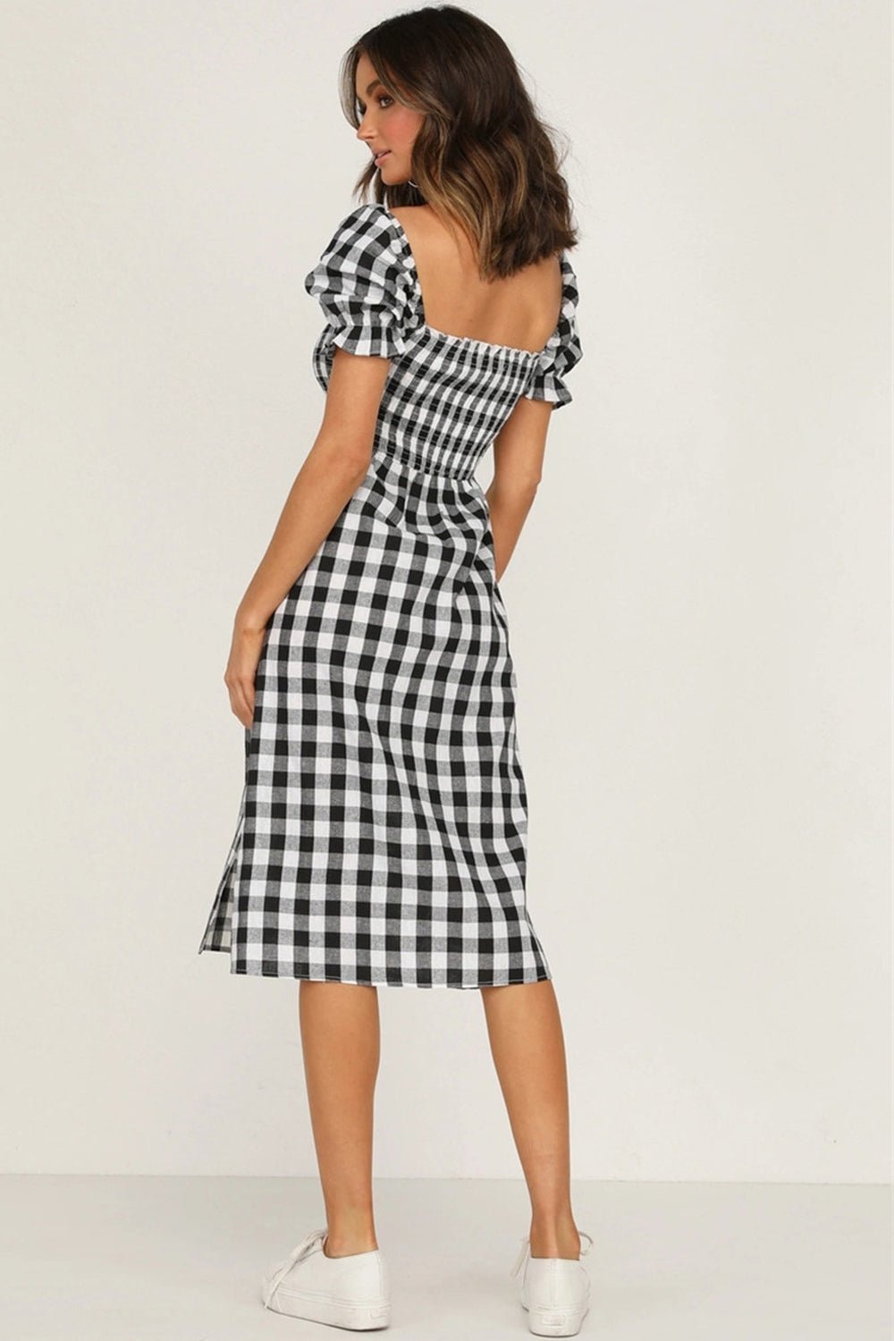 Full Size Slit Plaid Short Sleeve Midi Dress - Mervyns