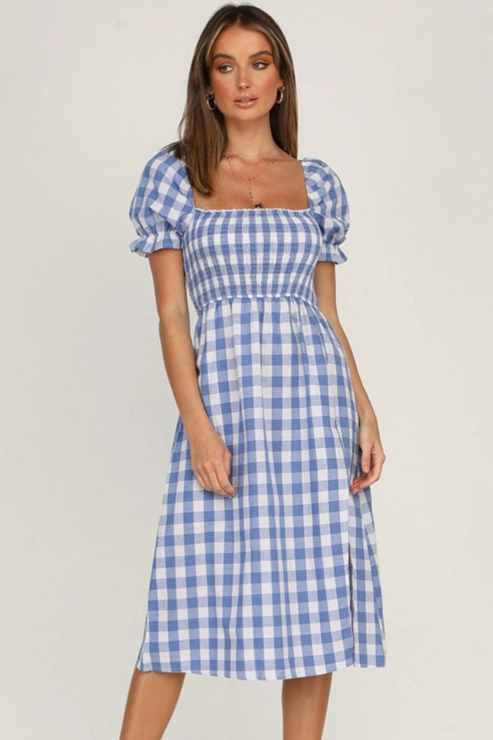 Full Size Slit Plaid Short Sleeve Midi Dress - Mervyns