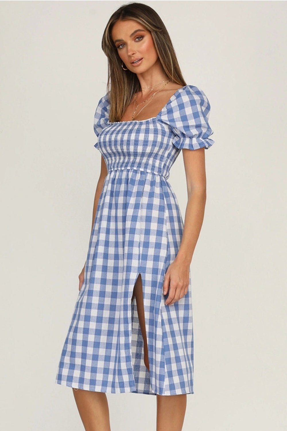 Full Size Slit Plaid Short Sleeve Midi Dress - Mervyns