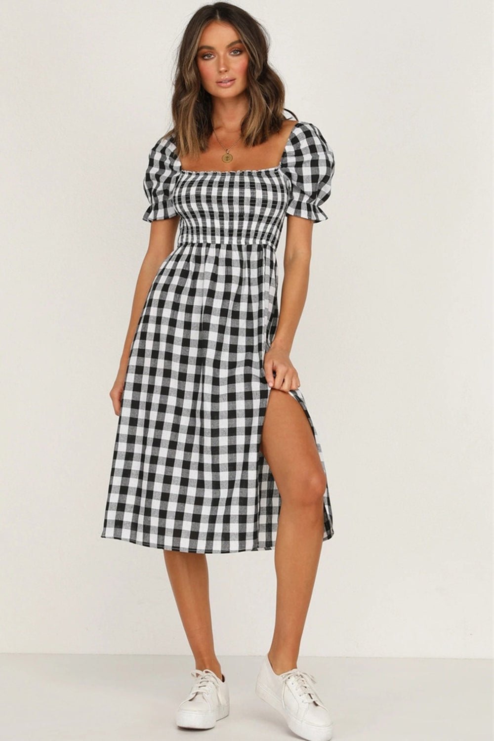 Full Size Slit Plaid Short Sleeve Midi Dress - Mervyns