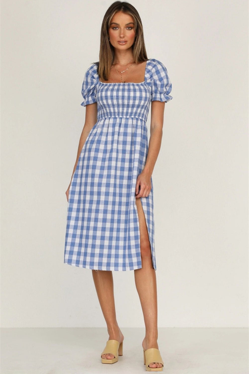 Full Size Slit Plaid Short Sleeve Midi Dress - Mervyns