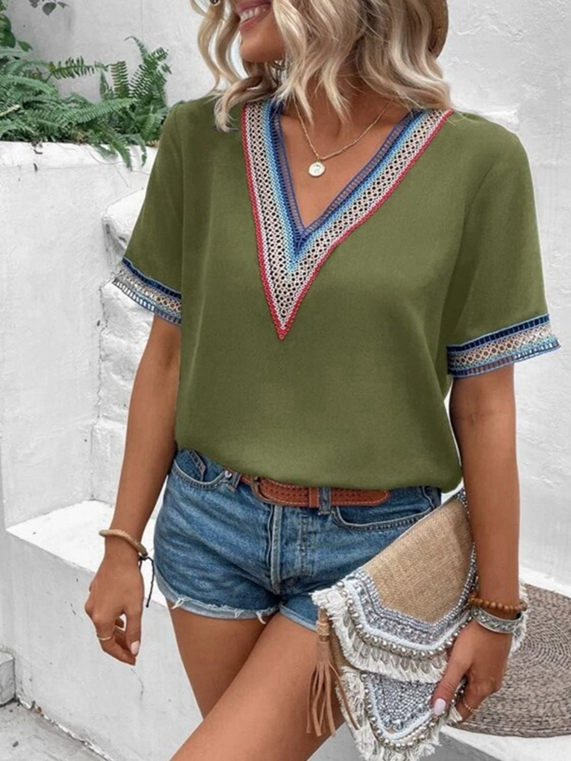 Full Size V - Neck Short Sleeve Blouse - Mervyns