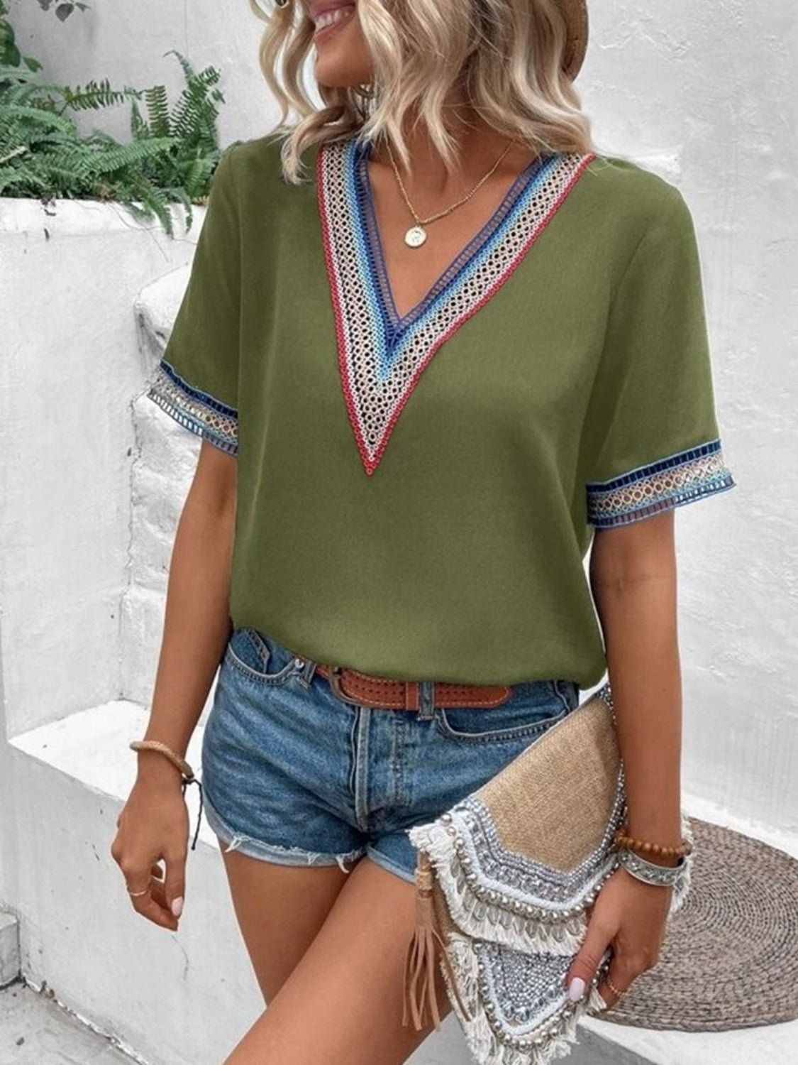 Full Size V - Neck Short Sleeve Blouse - Mervyns