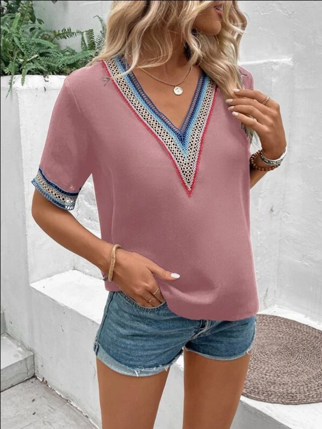 Full Size V - Neck Short Sleeve Blouse - Mervyns