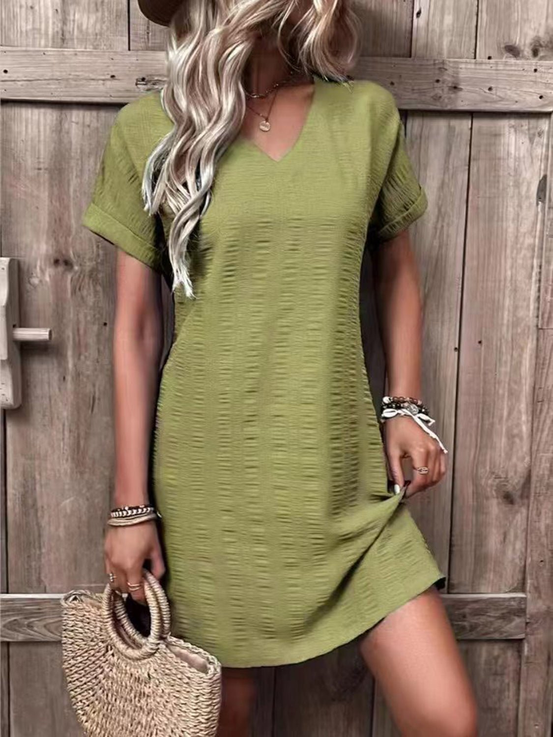 Full Size V - Neck Short Sleeve Mini Dress - Mervyns