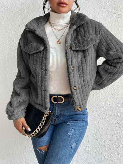 Fuzzy Button Up Collared Neck Jacket - Mervyns