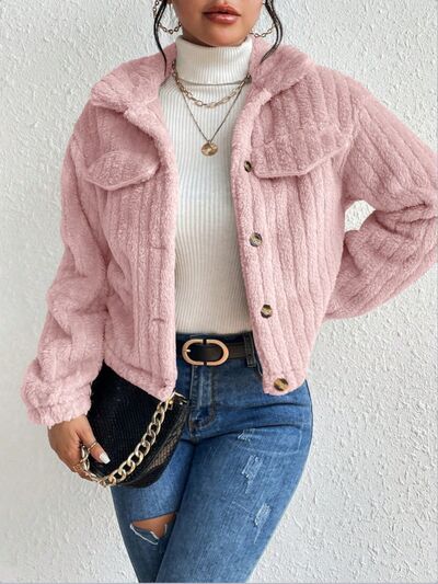 Fuzzy Button Up Collared Neck Jacket - Mervyns