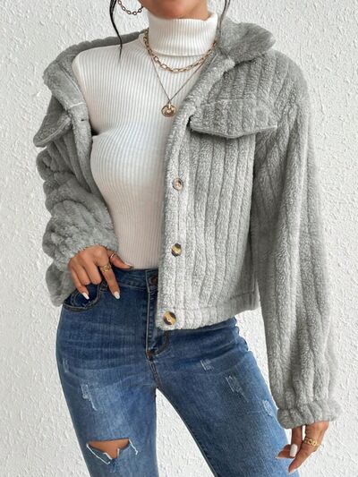 Fuzzy Button Up Collared Neck Jacket - Mervyns