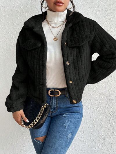 Fuzzy Button Up Collared Neck Jacket - Mervyns