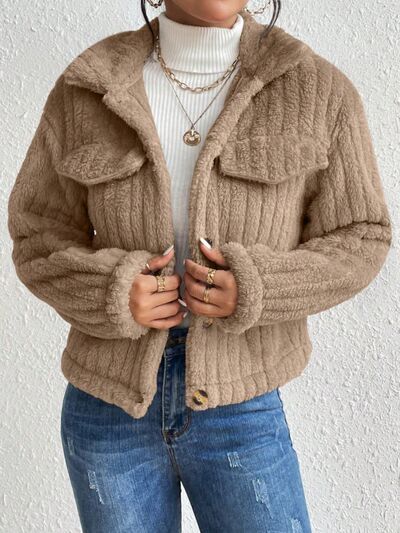 Fuzzy Button Up Collared Neck Jacket - Mervyns