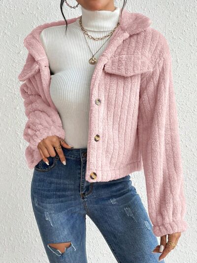 Fuzzy Button Up Collared Neck Jacket - Mervyns