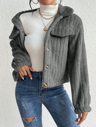 Fuzzy Button Up Collared Neck Jacket - Mervyns