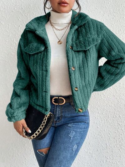 Fuzzy Button Up Collared Neck Jacket - Mervyns