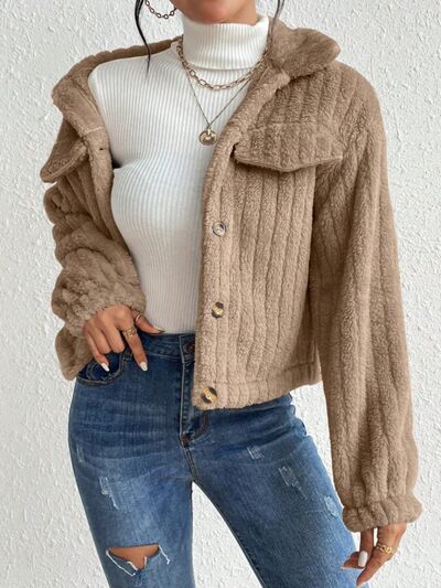 Fuzzy Button Up Collared Neck Jacket - Mervyns