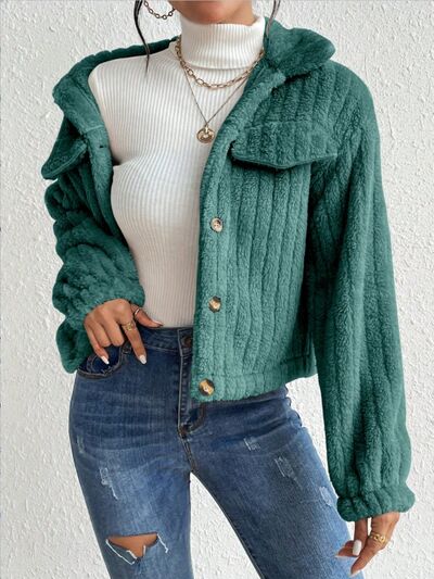 Fuzzy Button Up Collared Neck Jacket - Mervyns