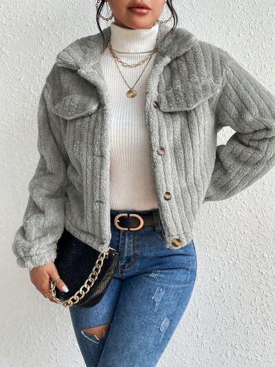 Fuzzy Button Up Collared Neck Jacket - Mervyns