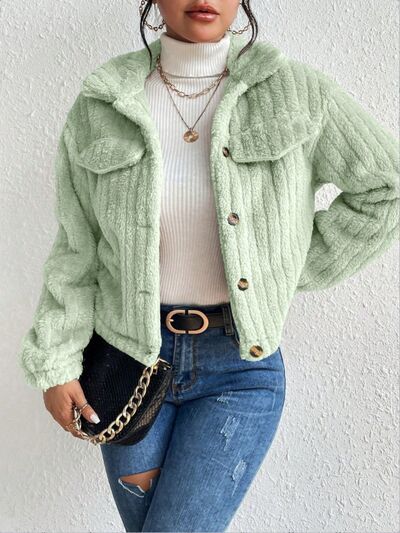 Fuzzy Button Up Collared Neck Jacket - Mervyns