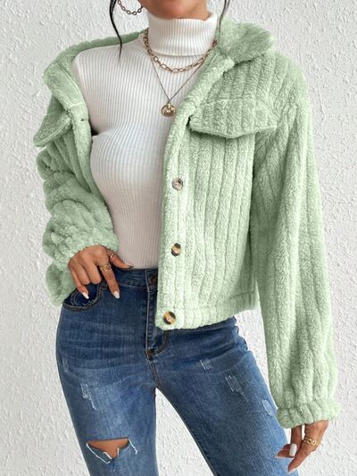 Fuzzy Button Up Collared Neck Jacket - Mervyns