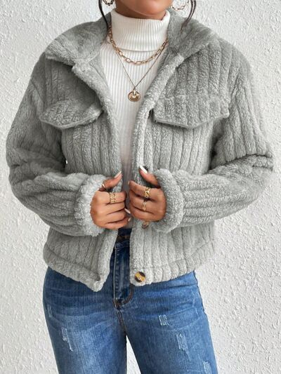 Fuzzy Button Up Collared Neck Jacket - Mervyns