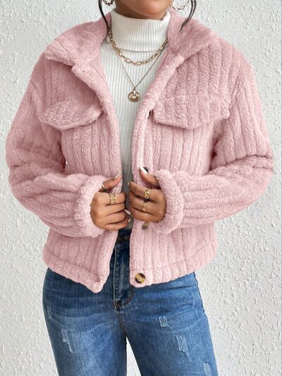 Fuzzy Button Up Collared Neck Jacket - Mervyns