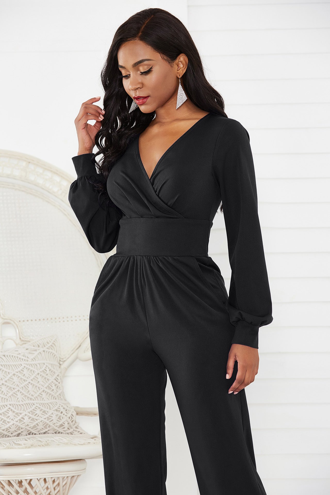 Gathered Detail Surplice Lantern Sleeve Jumpsuit - Mervyns