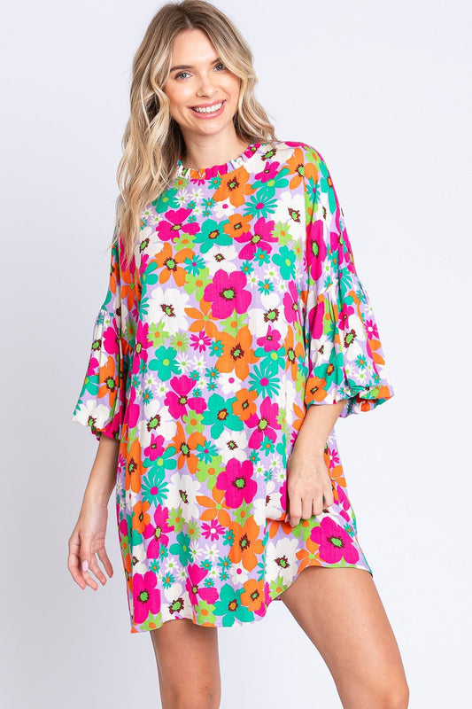 GeeGee Full Size Floral Round Neck Lantern Sleeve Mini Dress - Mervyns