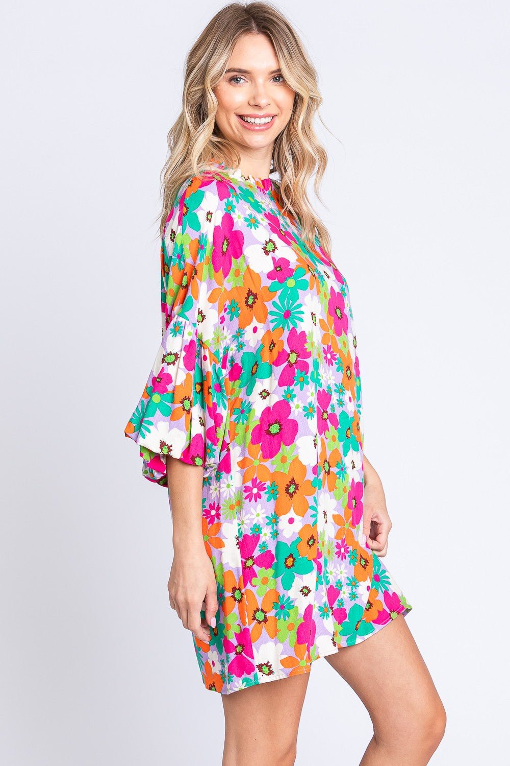 GeeGee Full Size Floral Round Neck Lantern Sleeve Mini Dress - Mervyns