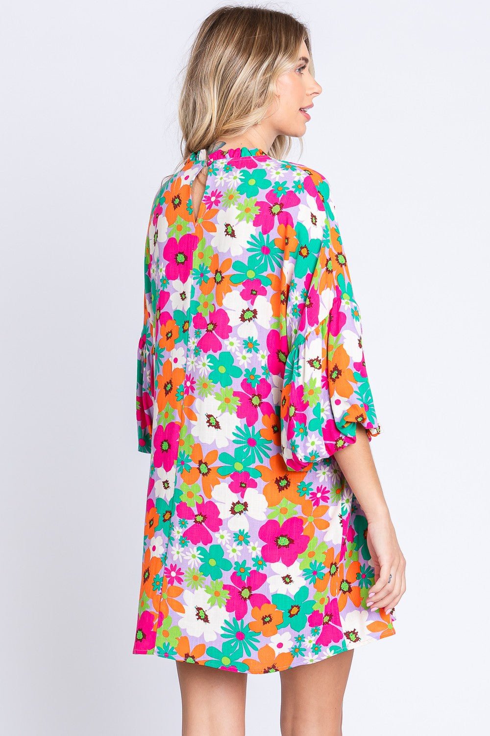 GeeGee Full Size Floral Round Neck Lantern Sleeve Mini Dress - Mervyns