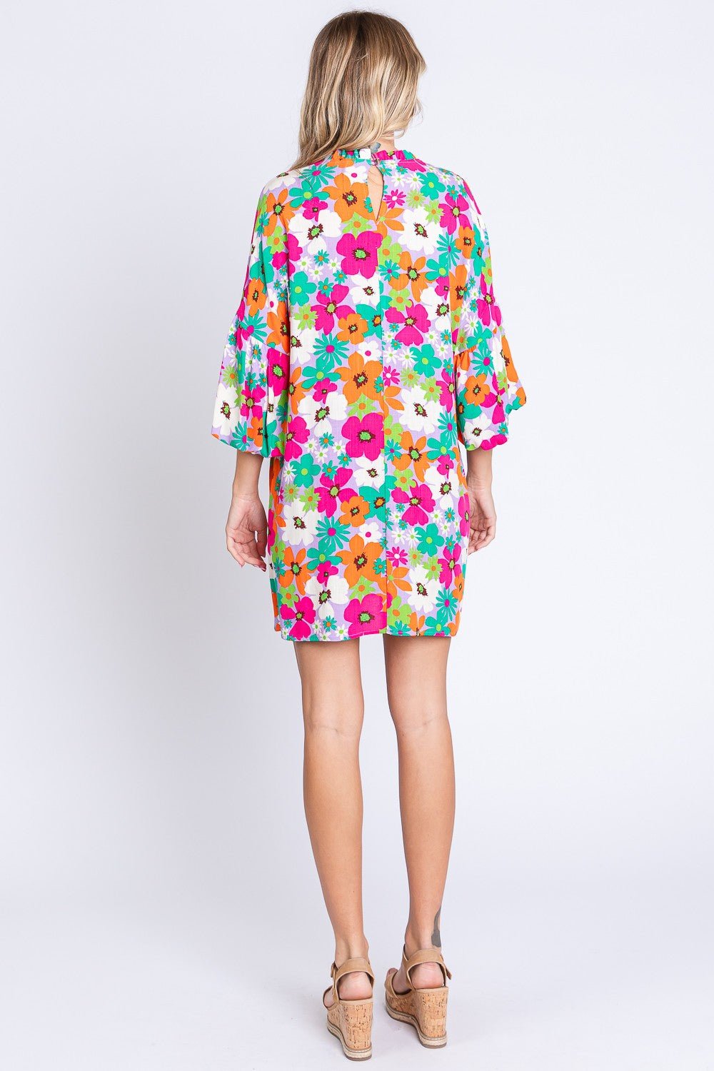 GeeGee Full Size Floral Round Neck Lantern Sleeve Mini Dress - Mervyns