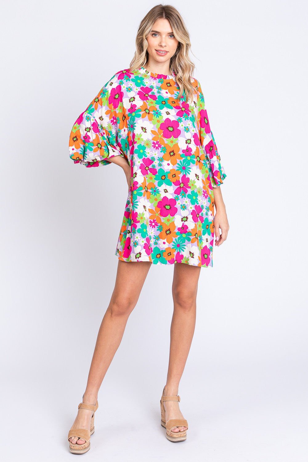 GeeGee Full Size Floral Round Neck Lantern Sleeve Mini Dress - Mervyns