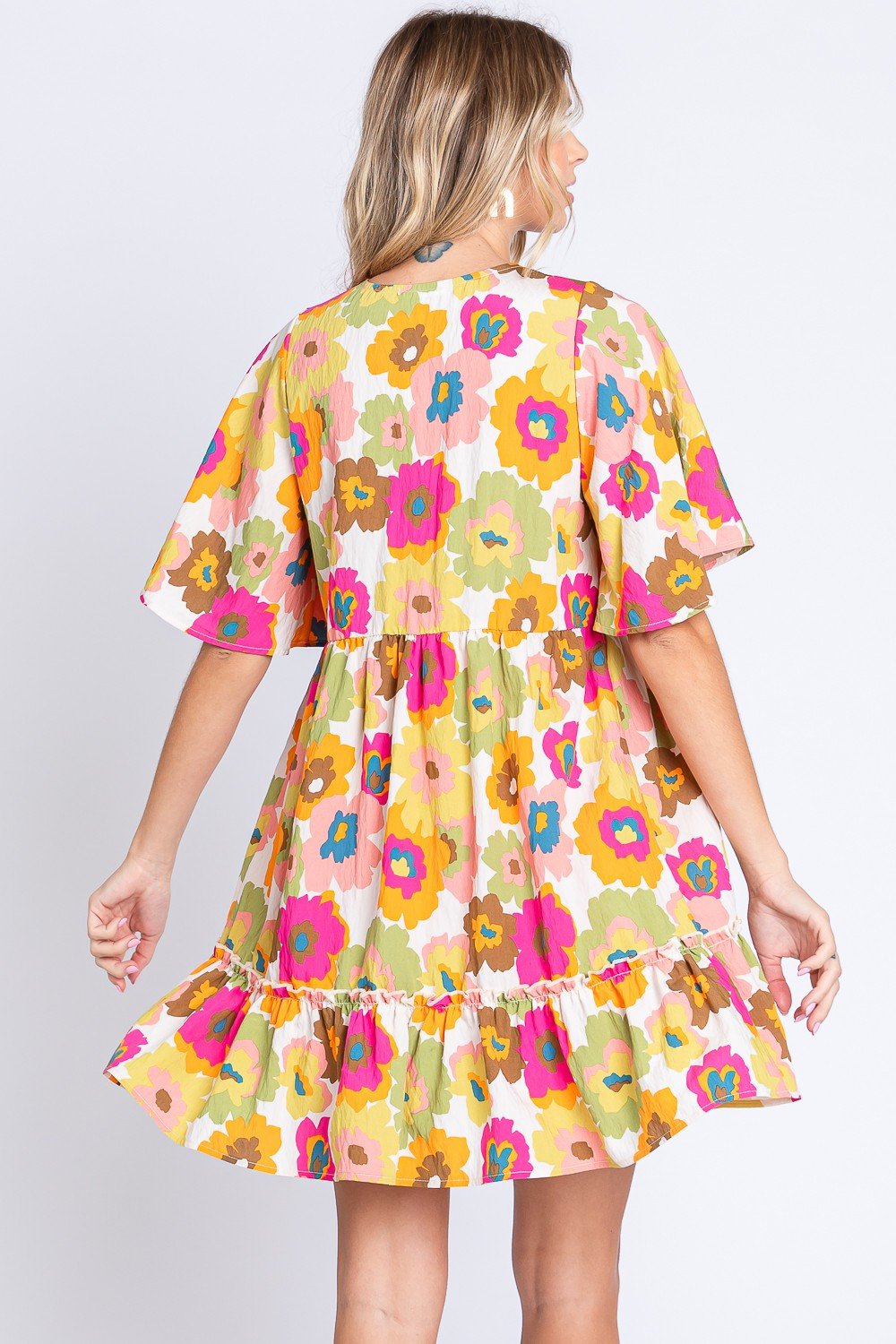 GeeGee Full Size Floral V - Neck Ruffle Trim Mini Dress - Mervyns