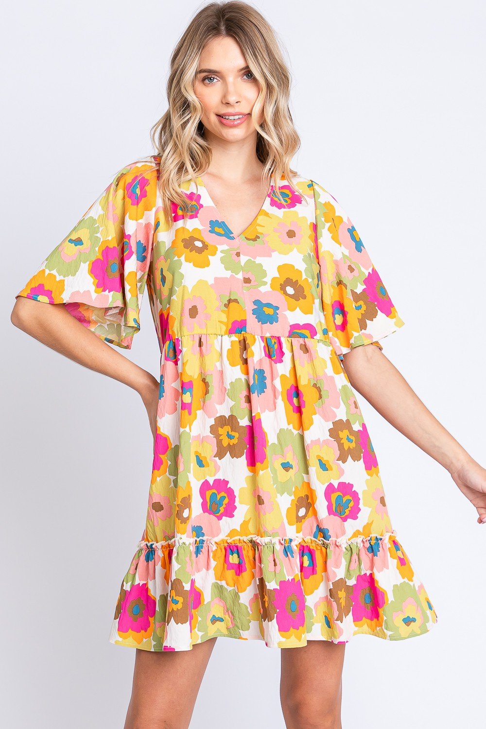 GeeGee Full Size Floral V - Neck Ruffle Trim Mini Dress - Mervyns