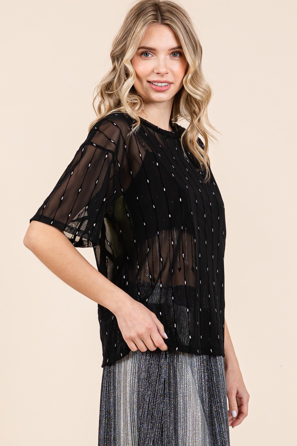 GeeGee Round Neck Drop Shoulder Mesh Glitter Top - Mervyns